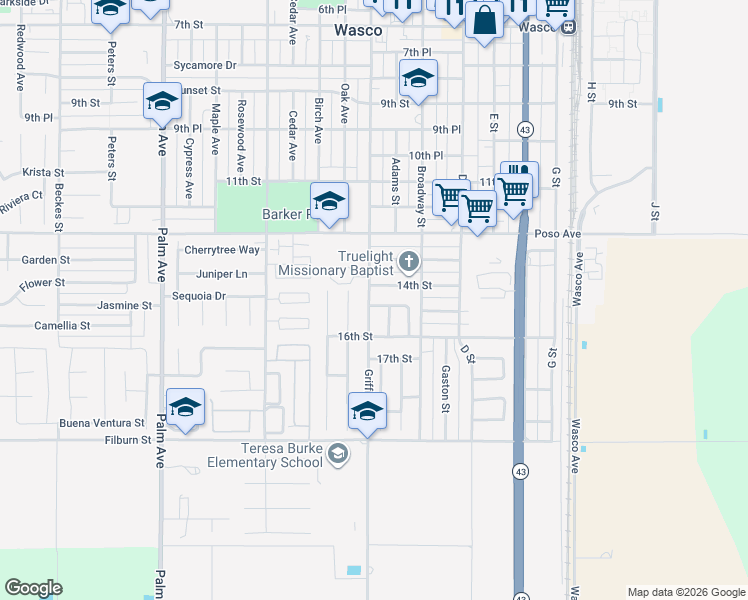 map of restaurants, bars, coffee shops, grocery stores, and more near 1509 Pine Street in Wasco