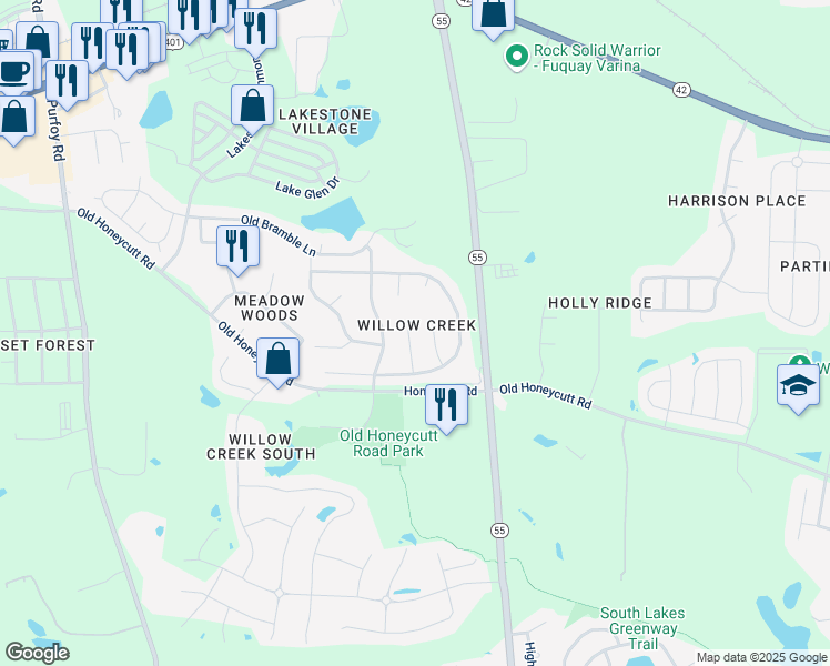 map of restaurants, bars, coffee shops, grocery stores, and more near 224 Purple Leaf Road in Fuquay-Varina