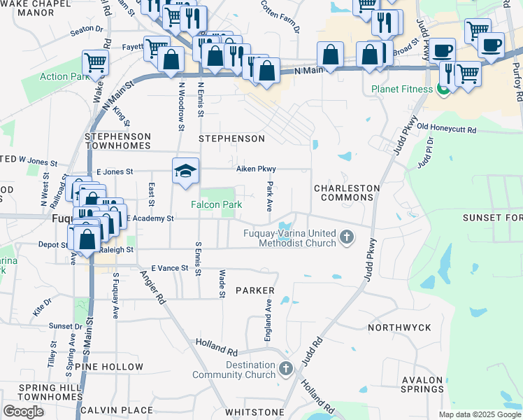 map of restaurants, bars, coffee shops, grocery stores, and more near 105 Park Avenue in Fuquay-Varina