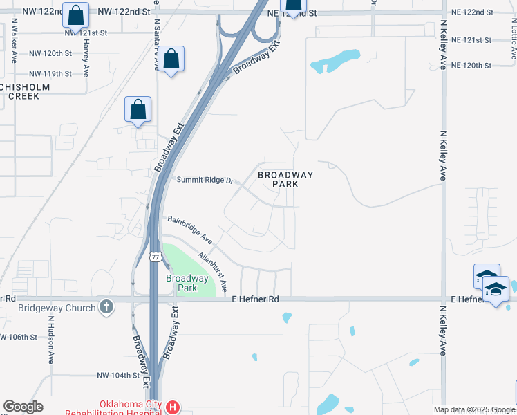 map of restaurants, bars, coffee shops, grocery stores, and more near 408 Summit Ridge Drive in Oklahoma City
