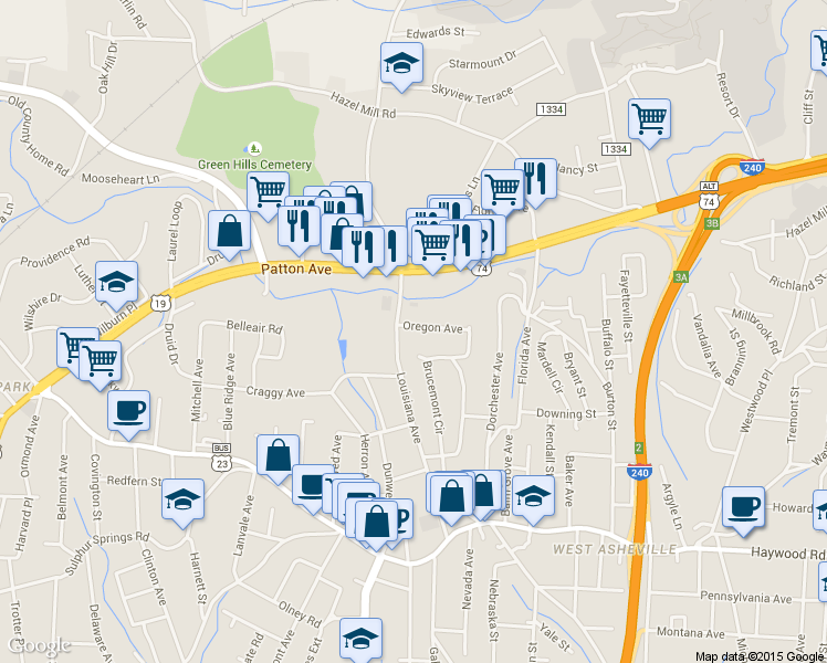 map of restaurants, bars, coffee shops, grocery stores, and more near 38 Oregon Avenue in Asheville