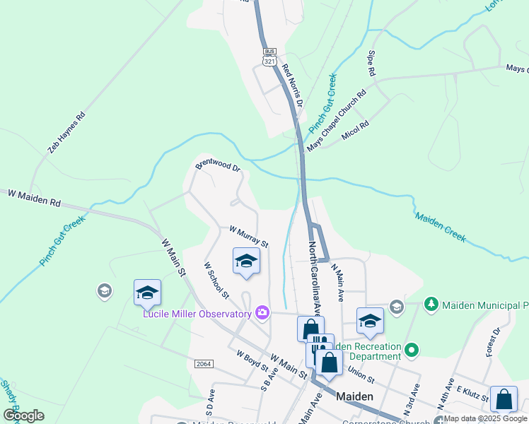 map of restaurants, bars, coffee shops, grocery stores, and more near 107 Brentwood Drive in Maiden