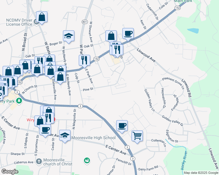 map of restaurants, bars, coffee shops, grocery stores, and more near 903 Pine Street in Mooresville