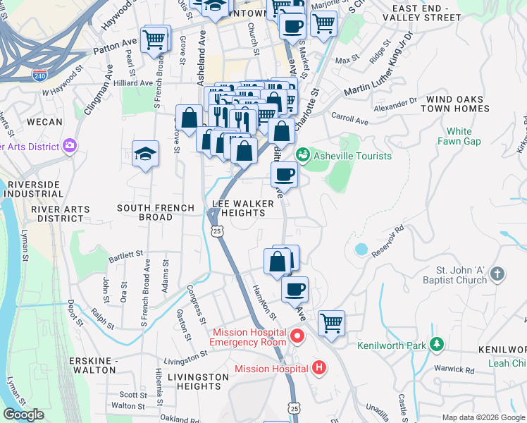 map of restaurants, bars, coffee shops, grocery stores, and more near 2H Wilbar Ave in Asheville