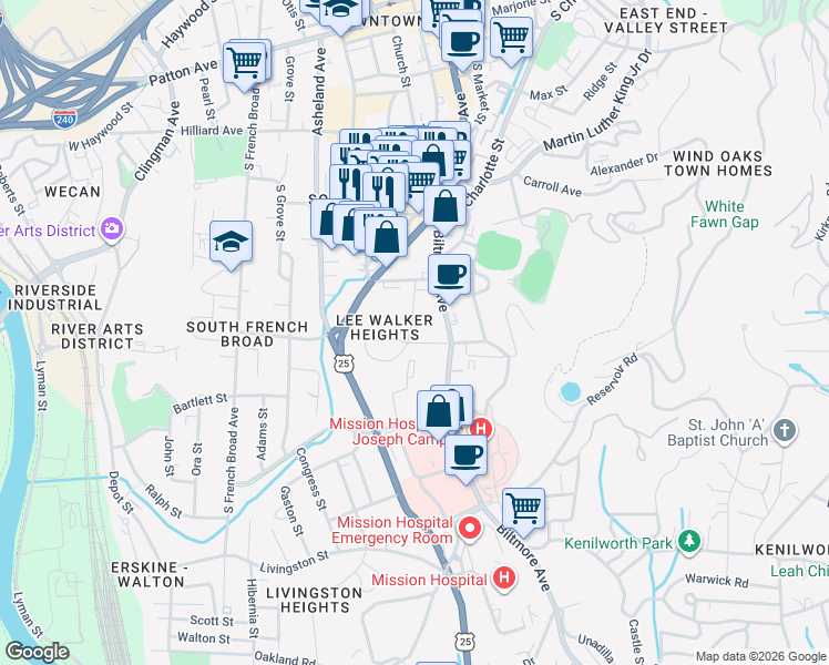 map of restaurants, bars, coffee shops, grocery stores, and more near 2H Wilbar Ave in Asheville