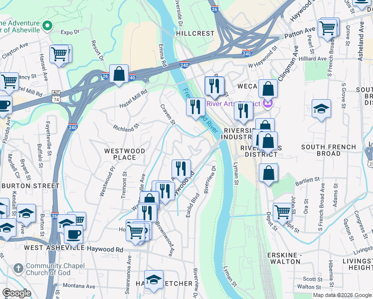 map of restaurants, bars, coffee shops, grocery stores, and more near 11 Reynolds Road in Asheville