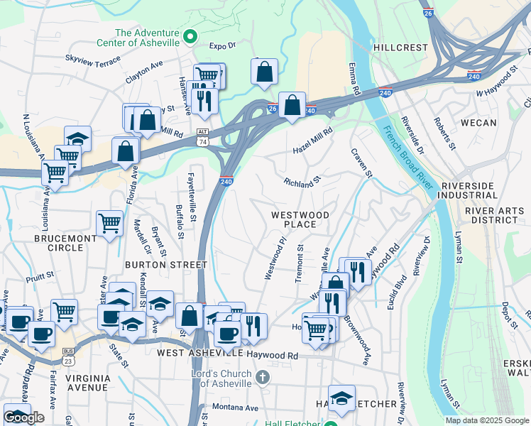 map of restaurants, bars, coffee shops, grocery stores, and more near 99999 Branning Street in Asheville