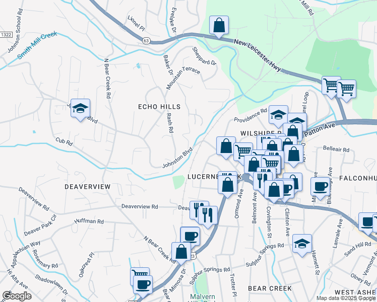 map of restaurants, bars, coffee shops, grocery stores, and more near 99999 Johnston Boulevard in Asheville