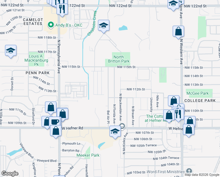 map of restaurants, bars, coffee shops, grocery stores, and more near 11312 Bel Air Place in Oklahoma City