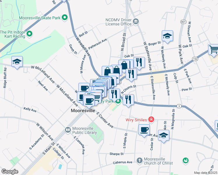 map of restaurants, bars, coffee shops, grocery stores, and more near 274 West Iredell Avenue in Mooresville