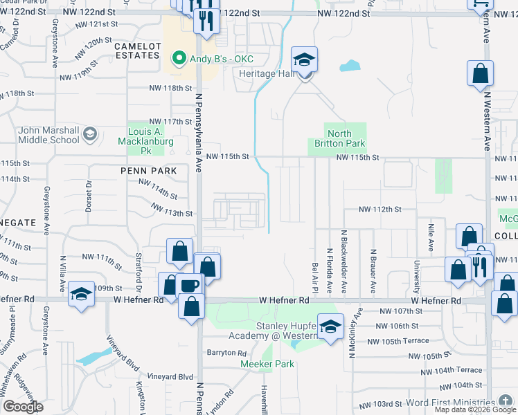 map of restaurants, bars, coffee shops, grocery stores, and more near 11300 North Pennsylvania Avenue in Oklahoma City