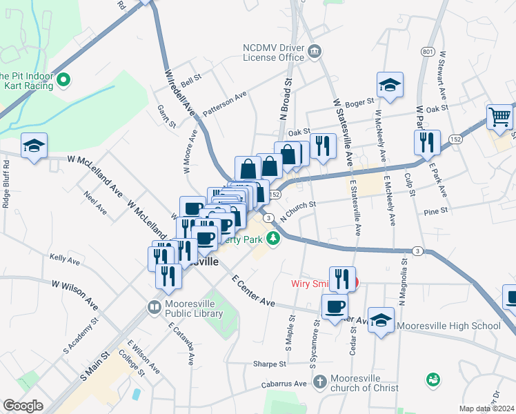 map of restaurants, bars, coffee shops, grocery stores, and more near 240 North Main Street in Mooresville
