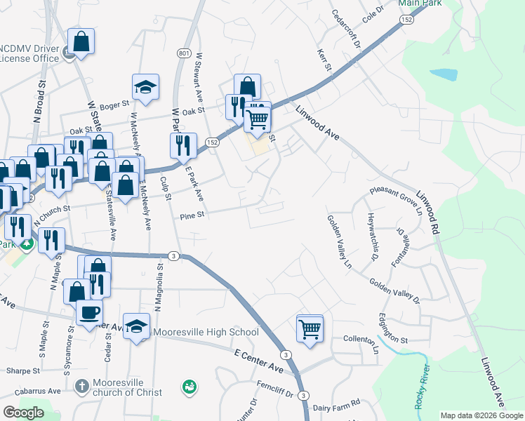 map of restaurants, bars, coffee shops, grocery stores, and more near 940 Central Avenue in Mooresville