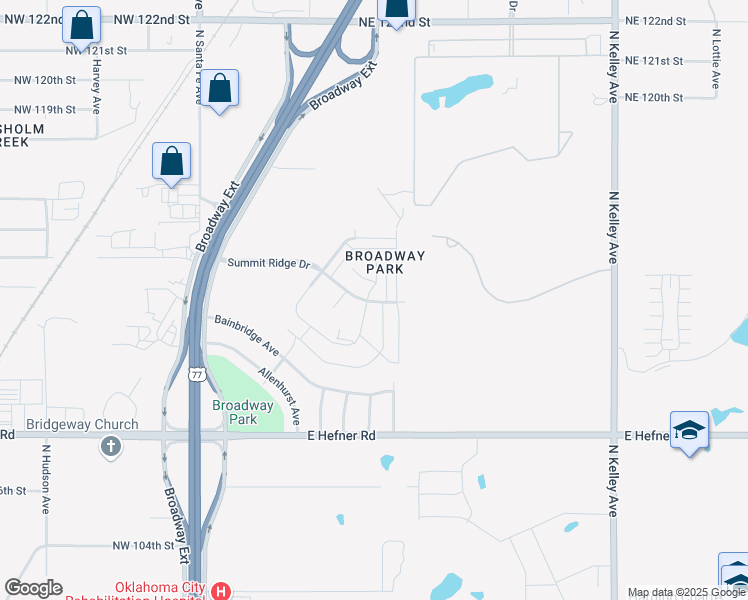 map of restaurants, bars, coffee shops, grocery stores, and more near 437 Summit Ridge Drive in Oklahoma City
