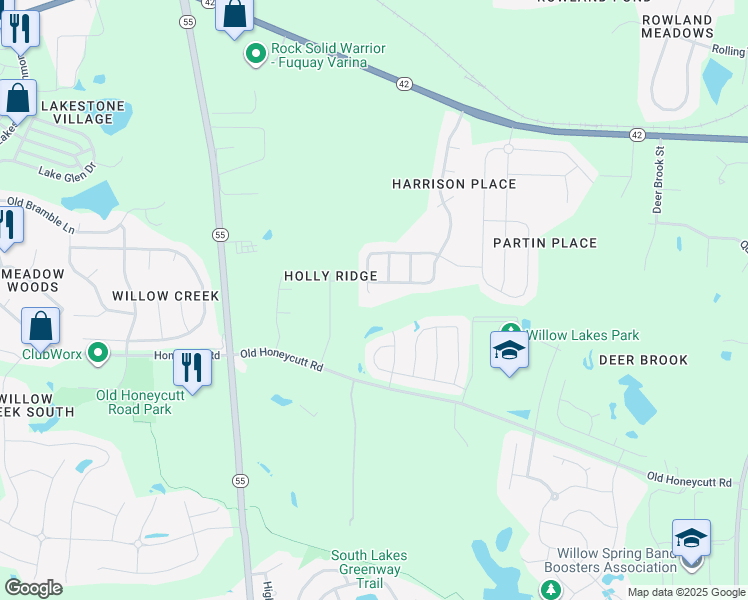 map of restaurants, bars, coffee shops, grocery stores, and more near 3000 Willow Ranch Drive in Fuquay-Varina