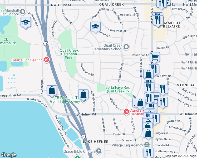 map of restaurants, bars, coffee shops, grocery stores, and more near 11306 Red Rock Road in Oklahoma City
