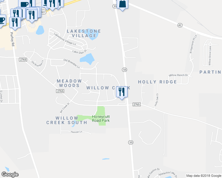 map of restaurants, bars, coffee shops, grocery stores, and more near 225 Honeywell Way in Fuquay Varina