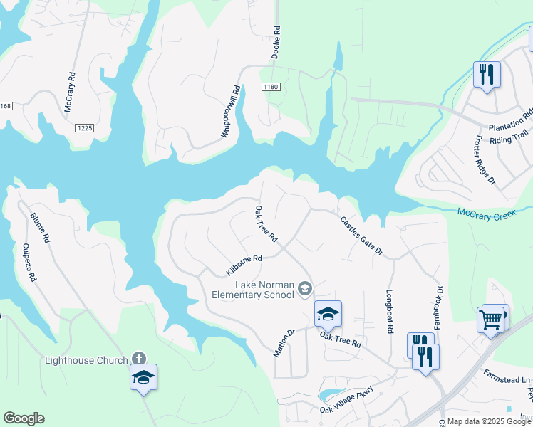 map of restaurants, bars, coffee shops, grocery stores, and more near 126 Chaucer Lane in Mooresville