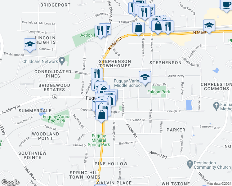 map of restaurants, bars, coffee shops, grocery stores, and more near 130 North Fuquay Avenue in Fuquay Varina