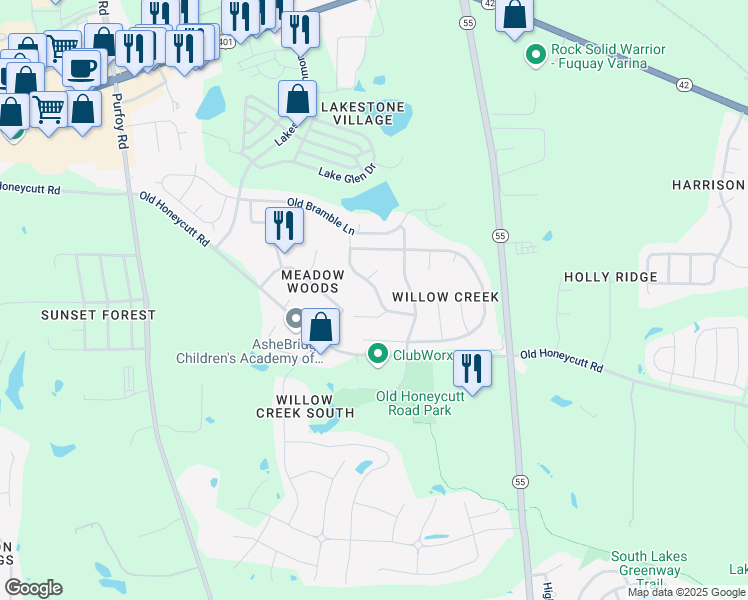 map of restaurants, bars, coffee shops, grocery stores, and more near 219 North Fuquay Springs Avenue in Fuquay Varina