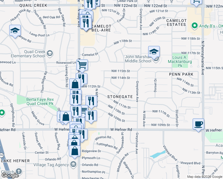 map of restaurants, bars, coffee shops, grocery stores, and more near 2700 Northwest 112th Street in Oklahoma City