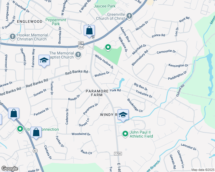 map of restaurants, bars, coffee shops, grocery stores, and more near 2400 King Richard Court in Greenville
