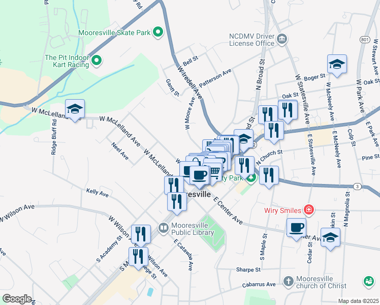 map of restaurants, bars, coffee shops, grocery stores, and more near 118 North Academy Street in Mooresville