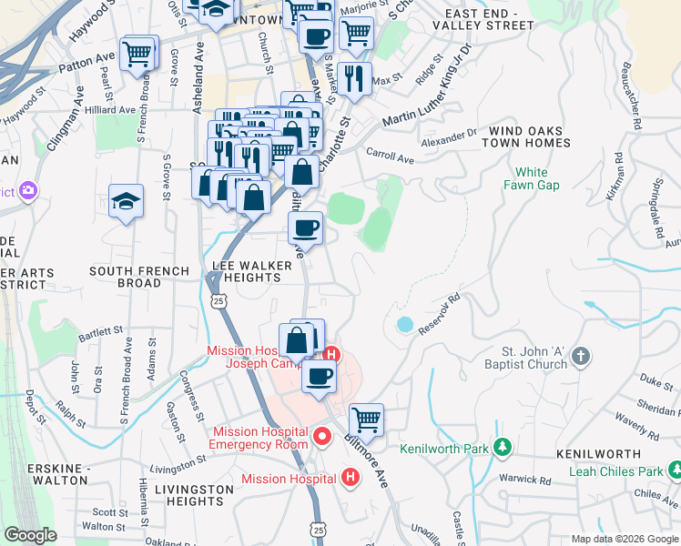 map of restaurants, bars, coffee shops, grocery stores, and more near 120 Buchanan Avenue in Asheville