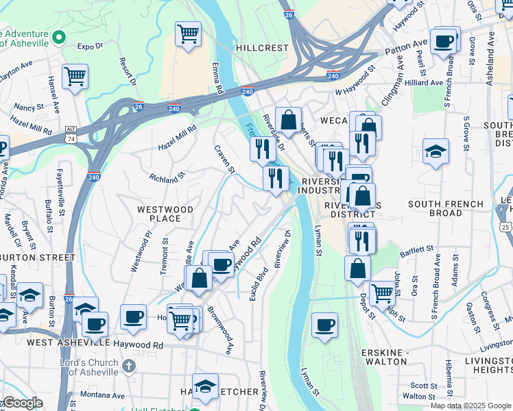 map of restaurants, bars, coffee shops, grocery stores, and more near 73 Logan Avenue in Asheville
