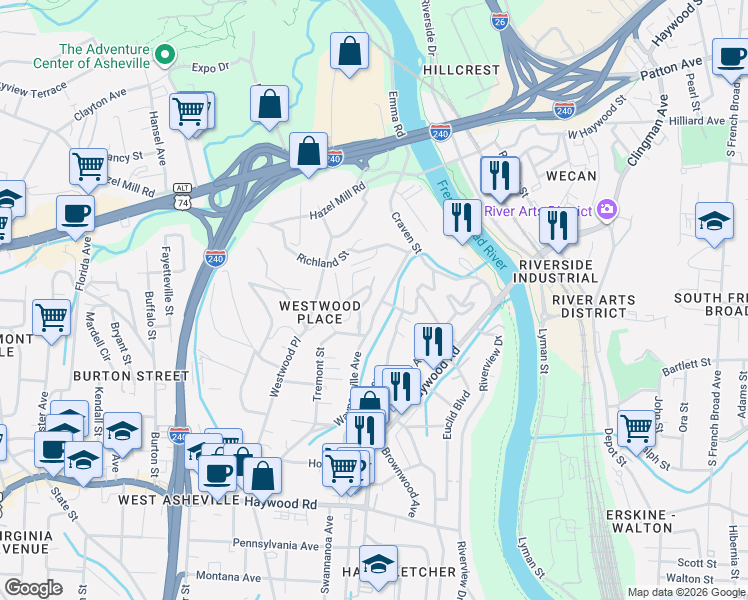 map of restaurants, bars, coffee shops, grocery stores, and more near 23 Sunrise Drive in Asheville