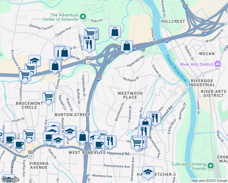 map of restaurants, bars, coffee shops, grocery stores, and more near 99999 Branning Street in Asheville