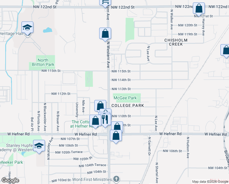 map of restaurants, bars, coffee shops, grocery stores, and more near 812 Northwest 113th Street in Oklahoma City