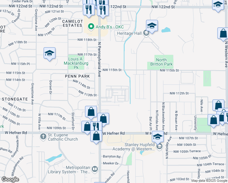 map of restaurants, bars, coffee shops, grocery stores, and more near 11300 North Pennsylvania Avenue in Oklahoma City