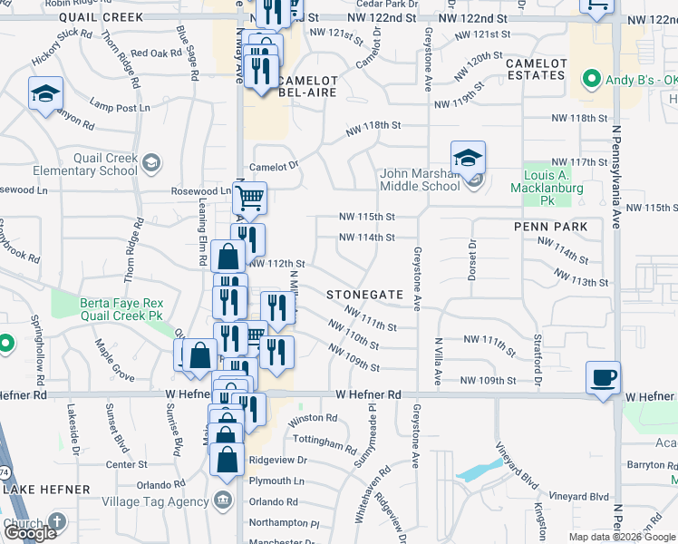 map of restaurants, bars, coffee shops, grocery stores, and more near 2700 Northwest 112th Street in Oklahoma City