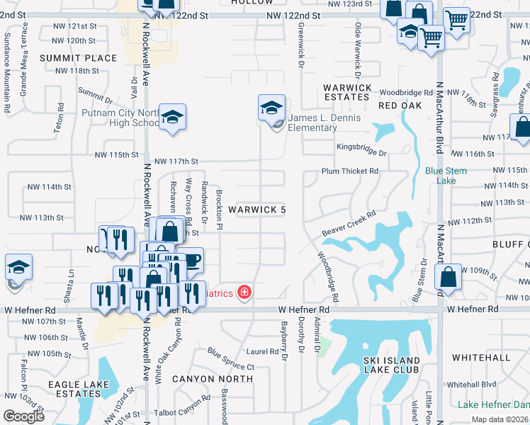 map of restaurants, bars, coffee shops, grocery stores, and more near 6600 Northwest 113th Street in Oklahoma City