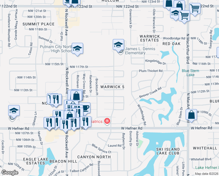 map of restaurants, bars, coffee shops, grocery stores, and more near 6600 Northwest 113th Street in Oklahoma City