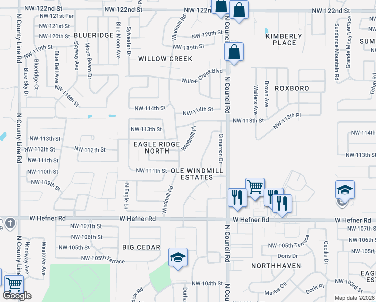 map of restaurants, bars, coffee shops, grocery stores, and more near 11233 North Markwell Drive in Oklahoma City