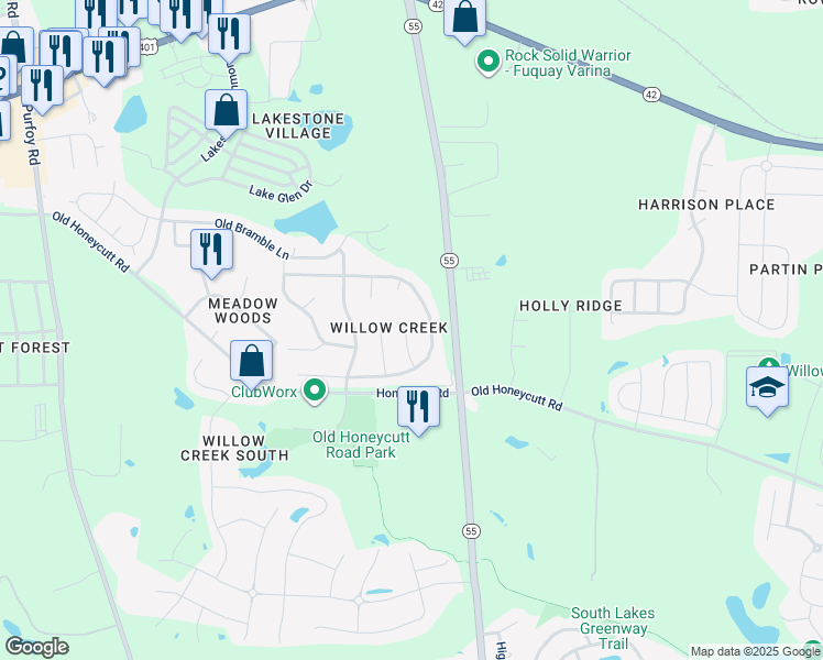 map of restaurants, bars, coffee shops, grocery stores, and more near 220 Honeywell Way in Fuquay-Varina