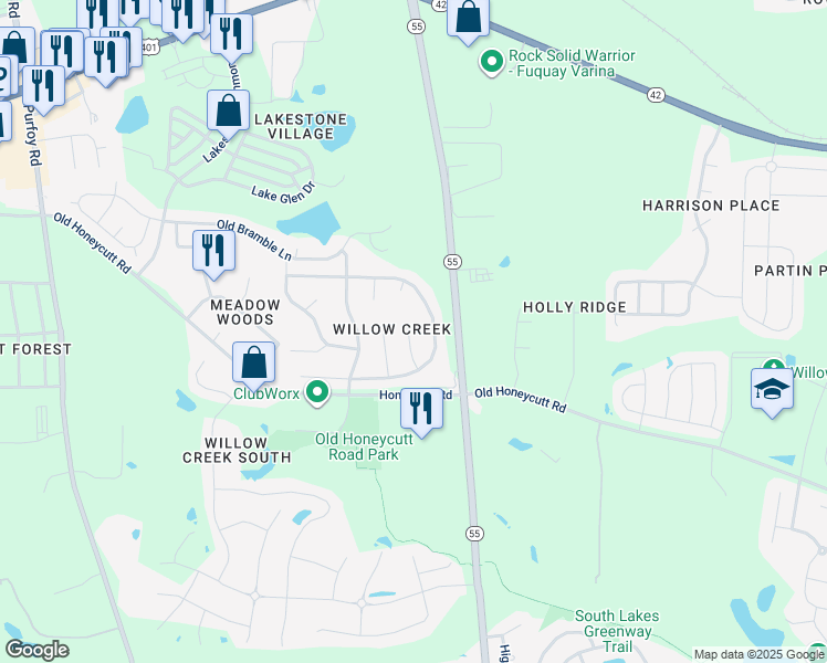 map of restaurants, bars, coffee shops, grocery stores, and more near 220 Honeywell Way in Fuquay-Varina