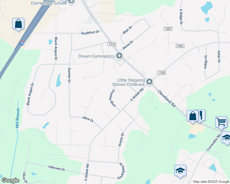 map of restaurants, bars, coffee shops, grocery stores, and more near 184 Presley Boulevard in Garner