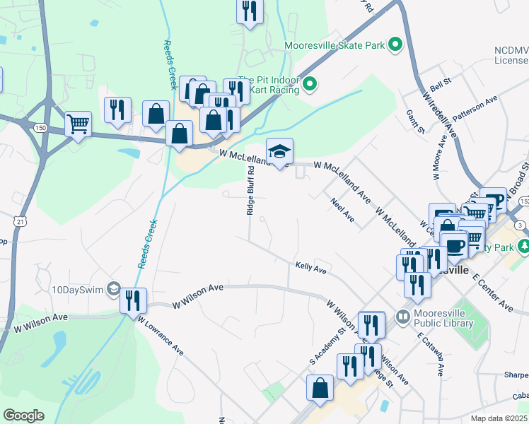 map of restaurants, bars, coffee shops, grocery stores, and more near 314 Dalton Drive in Mooresville