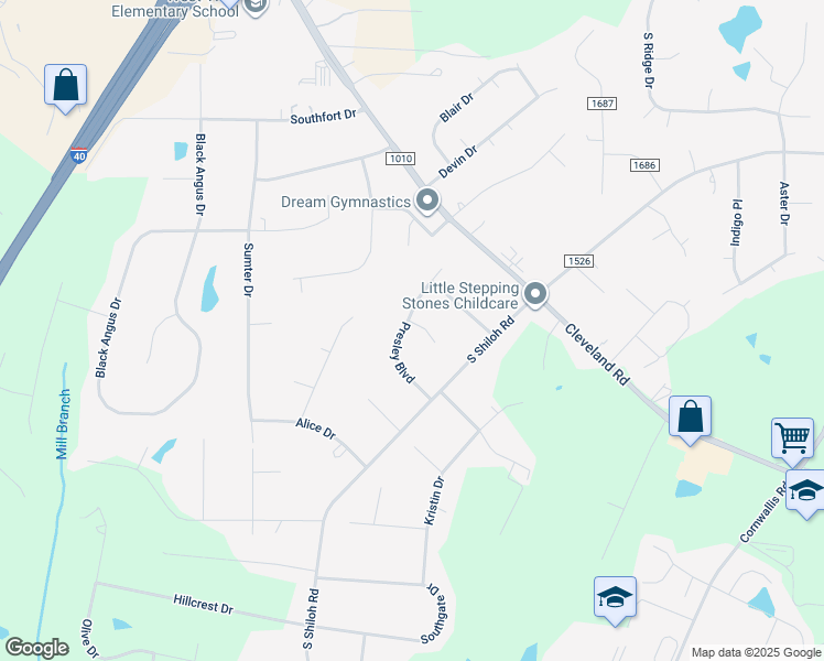map of restaurants, bars, coffee shops, grocery stores, and more near 184 Presley Boulevard in Garner