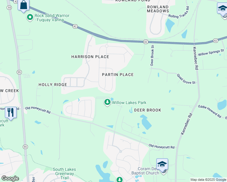 map of restaurants, bars, coffee shops, grocery stores, and more near 445 Summer Ranch Drive in Fuquay-Varina