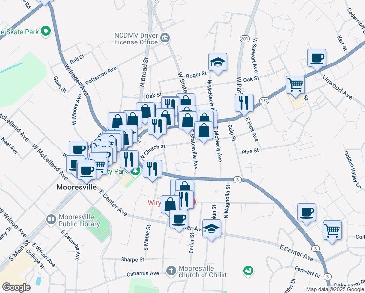 map of restaurants, bars, coffee shops, grocery stores, and more near 539 North Church Street in Mooresville