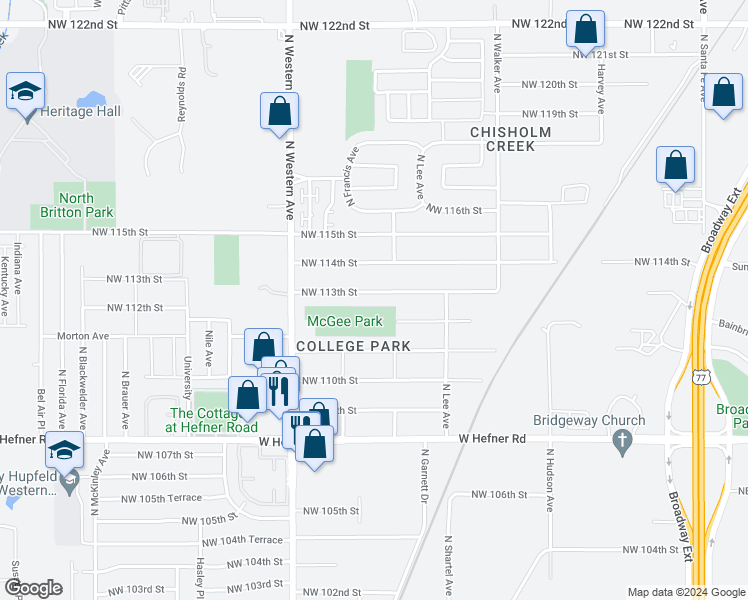 map of restaurants, bars, coffee shops, grocery stores, and more near 728 Northwest 113th Street in Oklahoma City