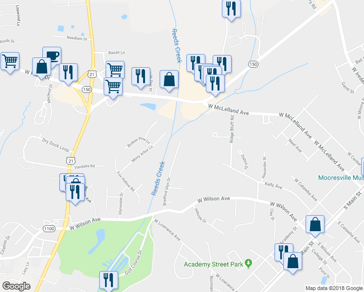 map of restaurants, bars, coffee shops, grocery stores, and more near 220 Bradford Glyn Drive in Mooresville