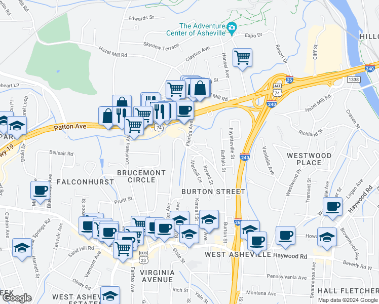 map of restaurants, bars, coffee shops, grocery stores, and more near 15 Woodstock Lane in Asheville