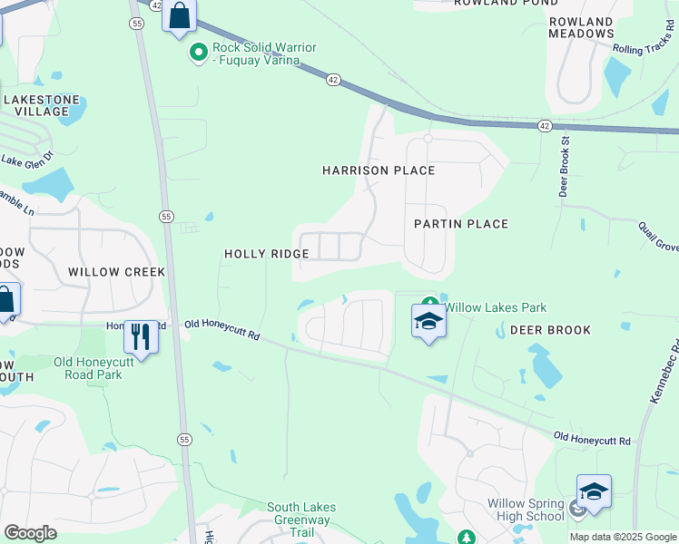 map of restaurants, bars, coffee shops, grocery stores, and more near 153 South Harrison Place Lane in Fuquay-Varina