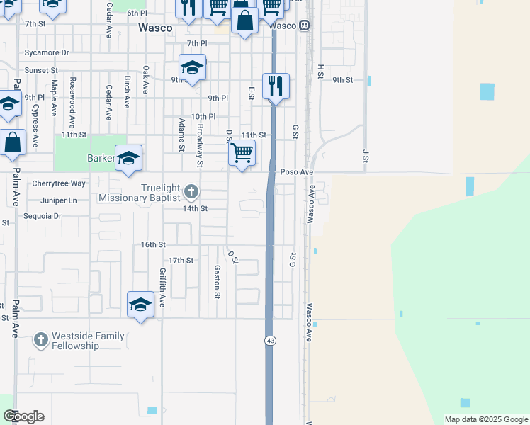 map of restaurants, bars, coffee shops, grocery stores, and more near 1650 F Street in Wasco