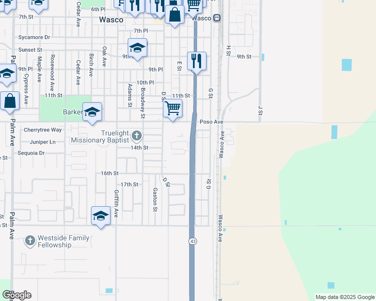 map of restaurants, bars, coffee shops, grocery stores, and more near 1650 F Street in Wasco